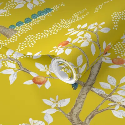 Spoonflower Pre-pasted Wallpaper Multi Citrus Grove Gold And Whites 2' X 12' Removable