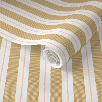 Spoonflower Pre-pasted Wallpaper Multicoloured Woven Stripes - Linen Textured Lines - Saffron Pink White 2' X 12