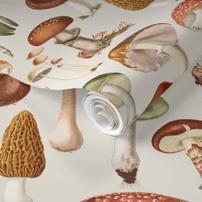 Spoonflower Pre-pasted Wallpaper Mushies Terracotta Mustard Sage On Neutral // Large 2' X 12' Removable