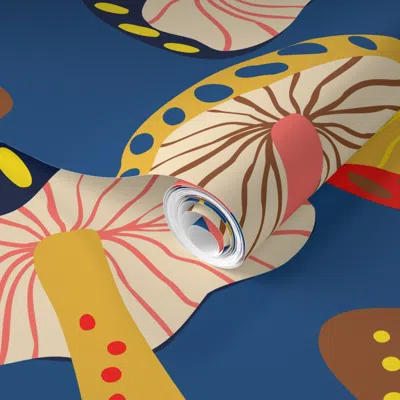 Spoonflower Pre-pasted Wallpaper Mushies Up And Down - Blue 2' X 12' Removable