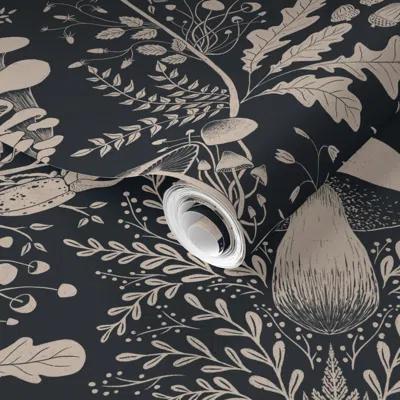Spoonflower Pre-pasted Wallpaper Mushroom Forest Damask  Dark Blue 2' X 12' Removable In Multi