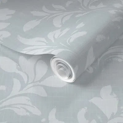 Spoonflower Pre-pasted Wallpaper Muted Blue Painted Damask / Vintage Leafy Botanical With Linen Look 2' X 12' Re