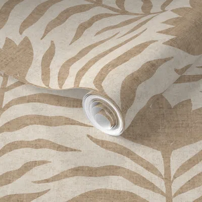 Spoonflower Pre-pasted Wallpaper Natural Tan Boho Flowers And Leaves With Cream Linen Texture - Large 2' X 12' R