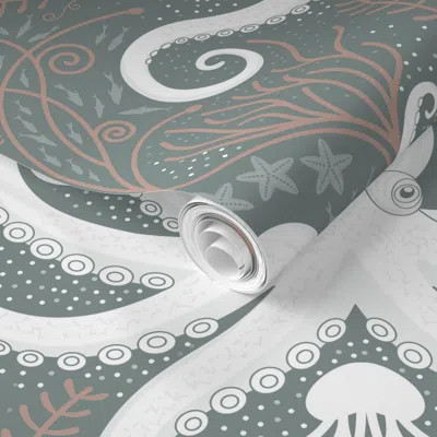 Spoonflower Pre-pasted Wallpaper Nautical Baroque - Gunsmoke Green 2' X 12' Removable