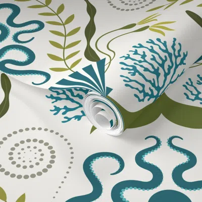 Spoonflower Pre-pasted Wallpaper Nautical Damask - Slightly Off White 2' X 12' Removable