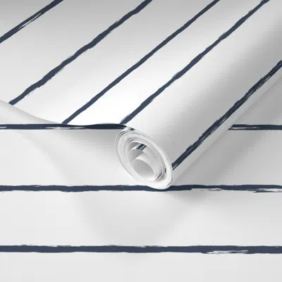 Spoonflower Pre-pasted Wallpaper Navy And White Stripes - Grunge Brushed  Removable