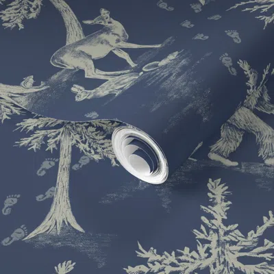 Spoonflower Pre-pasted Wallpaper Navy Blue Bigfoot & Friends 2' X 12' Removable