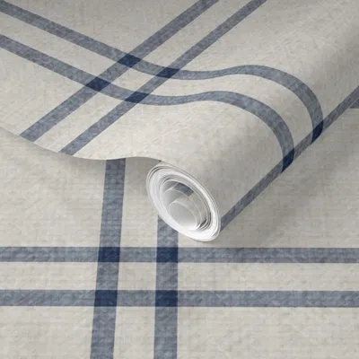 Spoonflower Pre-pasted Wallpaper Navy Blue Bone White Minimalist Faux Linen Texture Thin Gingham Plaid  Removabl