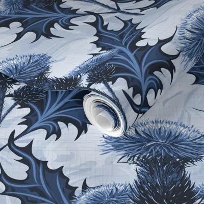 Spoonflower Pre-pasted Wallpaper Navy Blue Toile De Jouy Native Flowers Thistles Cottage Decor Scottish 2' X 12'