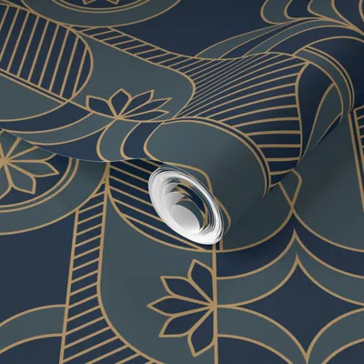 Spoonflower Pre-pasted Wallpaper Navy Deco Dream 2' X 12' Removable
