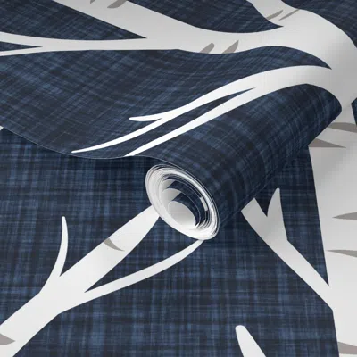 Spoonflower Pre-pasted Wallpaper Navy No 2 Linen Birch Trees 2' X 12' Removable