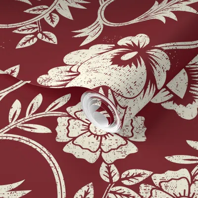 Spoonflower Pre-pasted Wallpaper Negative Block Print Burgundy Damask  Removable