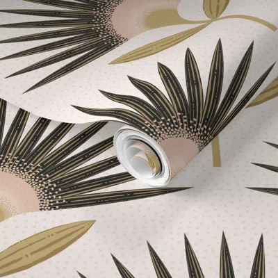 Spoonflower Pre-pasted Wallpaper Neutral Geometric Mid-century Sunburst Bloom 24" 2' X 12' Removable In Sand