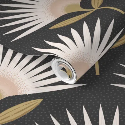 Spoonflower Pre-pasted Wallpaper Neutral Geometric Mid-century Sunburst Bloom Black Background 24" 2' X 12' Remo