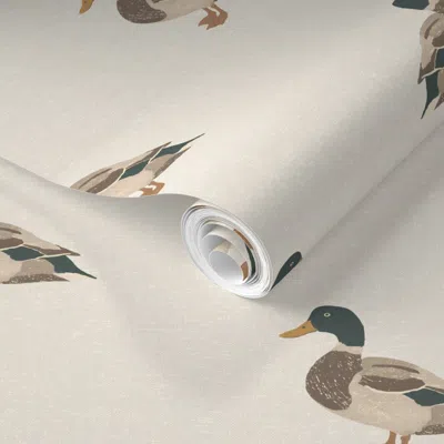 Spoonflower Pre-pasted Wallpaper Neutral Mallard Ducks 2' X 12' Removable