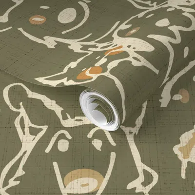 Spoonflower Pre-pasted Wallpaper Neutral Pop Doodle Dogs Mid Century Olive Largest Repeat 2' X 12' Removable