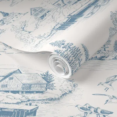 Spoonflower Pre-pasted Wallpaper New England Seaside Toile In Blue Mist Half Drop 2' X 12' Removable