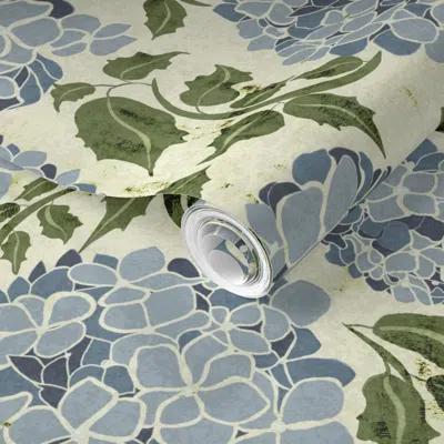 Spoonflower Pre-pasted Wallpaper Nikko Blue Hydrangea Block Print 2' X 12' Removable
