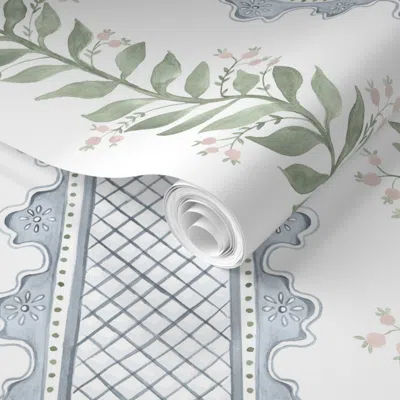 Spoonflower Pre-pasted Wallpaper No Overlap Celia Quiet Blue Green And Pale Pink On Cream 2' X 12' Removable