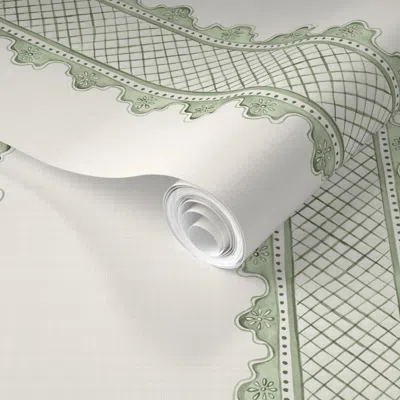 Spoonflower Pre-pasted Wallpaper No Overlap Clarabelle Soft Greens On Cross Hatched Cream(non 2' X 12' Removable