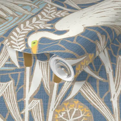 Spoonflower Pre-pasted Wallpaper No.1. Custom Request Watching Cranes With Less Tealish Blue - Jumbo Scale 2' X 