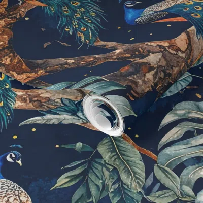 Spoonflower Pre-pasted Wallpaper Nocturnal Luxe Jungle With Jaguar And Peacock Bedding  Size  Removable