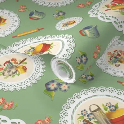 Spoonflower Pre-pasted Wallpaper Nonnie's Kitchen - Nonnie's Kitchen Collection (green) 2' X 12' Removable