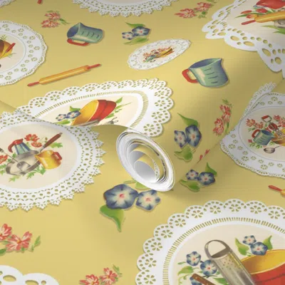 Spoonflower Pre-pasted Wallpaper Nonnie's Kitchen - Nonnie's Kitchen Collection (yellow) 2' X 12' Removable In Multi