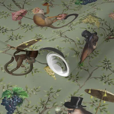 Spoonflower Pre-pasted Wallpaper Nostalgic Garden Party With Whimsical Antique Chinoiserie And Drunk Monkeys 2' 