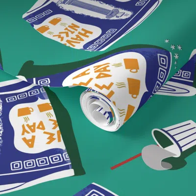 Spoonflower Pre-pasted Wallpaper Nyc Coffee Cup-venti Teal & Cobalt (updated) 2' X 12' Removable