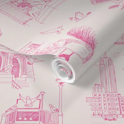 Spoonflower Pre-pasted Wallpaper Nyc Squirrels And Pigeons Toile Hot Pink 2' X 12' Removable