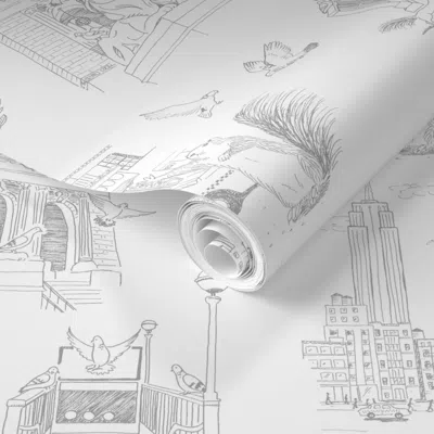 Spoonflower Pre-pasted Wallpaper Nyc Toile White And Grey 2' X 12' Removable
