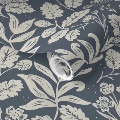 Spoonflower Pre-pasted Wallpaper Oak And Acorn On Navy  Removable