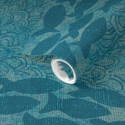 Spoonflower Pre-pasted Wallpaper Ocean Life Waves And Fish Nautical Blue (large) Japandi Vibe Textured Print 2' 
