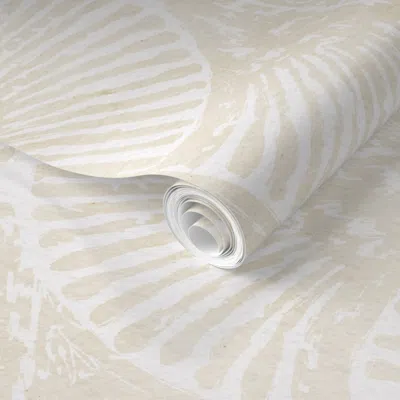Spoonflower Pre-pasted Wallpaper Ocean Whisper - Sandy Beige V Seashell Fan On White - Breezy Boho Coastal 2' X 
