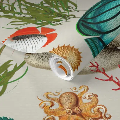 Spoonflower Pre-pasted Wallpaper Oceania In Greige Tan Beige 2' X 12' Removable