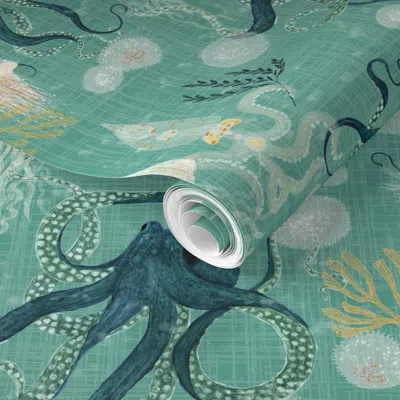 Spoonflower Pre-pasted Wallpaper Octopus - Small - Gentle Underwater Octopus & Jellyfish Soft Coastal - Teal 2' 