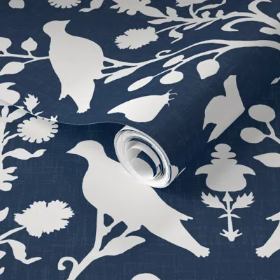Spoonflower Pre-pasted Wallpaper Oiseaux // Navy Linen 2' X 12' Removable In Blue