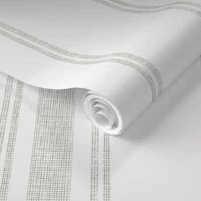 Spoonflower Pre-pasted Wallpaper Olive Green Basic Stripe Linen Texture On Solid White - Soft Preppy Nursery 2' 