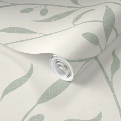 Spoonflower Pre-pasted Wallpaper Olive Tree Botanical Leaf - French Country Minimalist - Sage Green & White  Rem