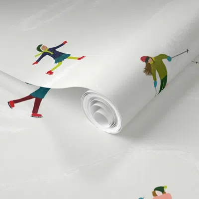 Spoonflower Pre-pasted Wallpaper On The Snow - Medium - White - Cozy Winter Tiny Skiers Snowboarders 2' X 12' Re