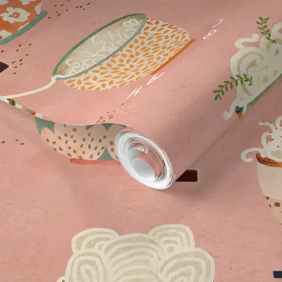 Spoonflower Pre-pasted Wallpaper Oodles Of Noodles - Large - Pink - Playful Ramen Bowls Fun Food Kitchen Art  Re