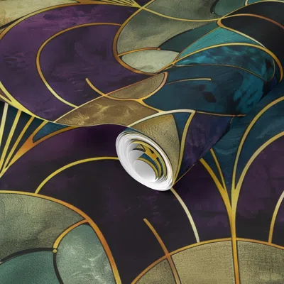 Spoonflower Pre-pasted Wallpaper Opulent Art Deco Arches In Violet Teal Metallic Gold 2' X 12' Removable