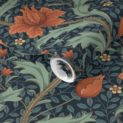 Spoonflower Pre-pasted Wallpaper Opulent Flowers - Orange And Teal - Large 2' X 12' Removable