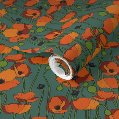 Spoonflower Pre-pasted Wallpaper Orange Poppy Repeat Roman Glass - Medium 2' X 12' Removable In Multi