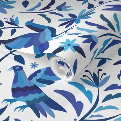 Spoonflower Pre-pasted Wallpaper Otomí Flora & Fauna Pattern In Blue 2' X 12' Removable