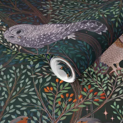 Spoonflower Pre-pasted Wallpaper Owl Love Squirrels And Owls In Beatuiful Trees At Night With Moon And Stars 2' 