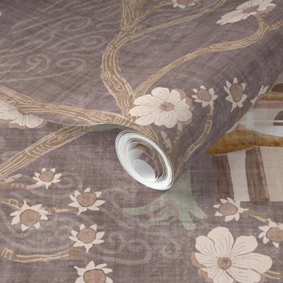 Spoonflower Pre-pasted Wallpaper Pagoda Forest Chinoiserie Japandi Craftsman Fusion Watercolor Plum Slate 2' X 1