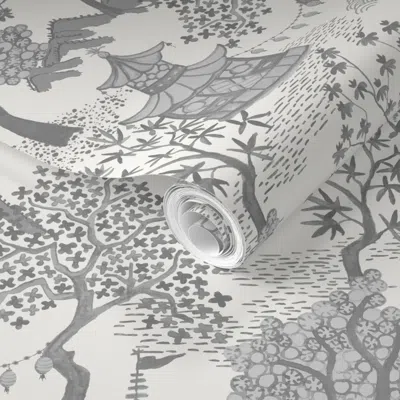 Spoonflower Pre-pasted Wallpaper Pagoda Forest In Charcoal On Off White 2' X 12' Removable