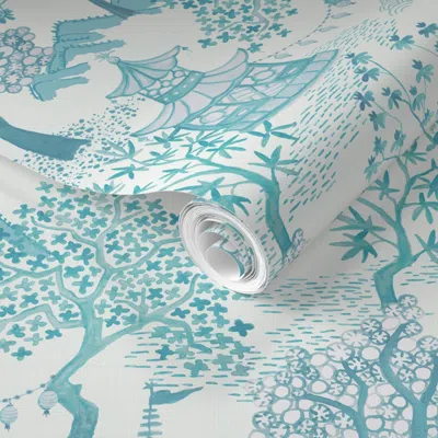 Spoonflower Pre-pasted Wallpaper Pagoda Forest In Turquoise And Aqua 2' X 12' Removable